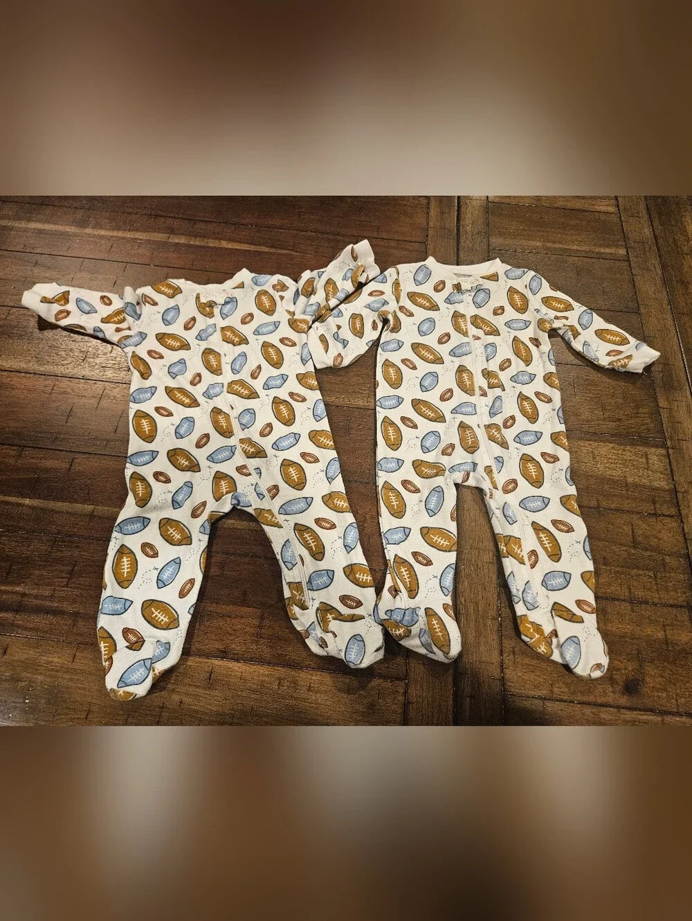 TWIN BOYS Footed One-Piece Pajama in White with Football Print - 3/6 Months